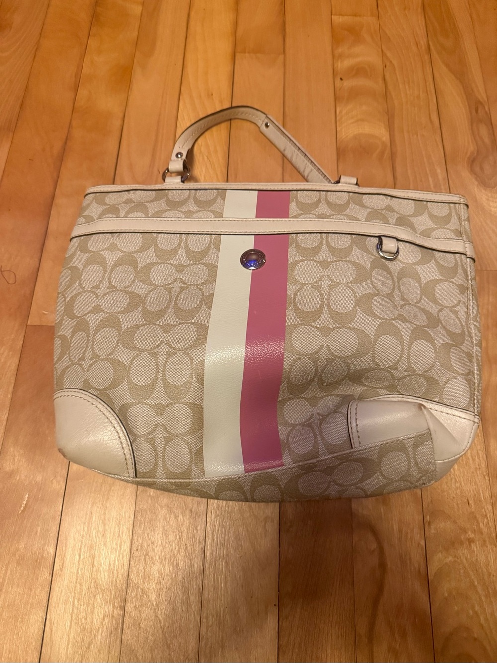 Coach Beige Signature Tote with Pink and White Center Stripe